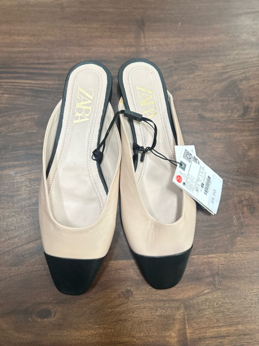 NWT Zara Leather Mules Women's Beige And Black Size 37